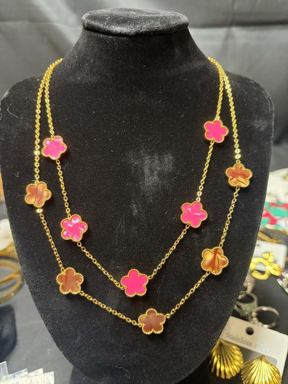 2 Gold-Tone Multi-Motif Clover Layered Necklaces with Pink /Brown Enamel Flowers